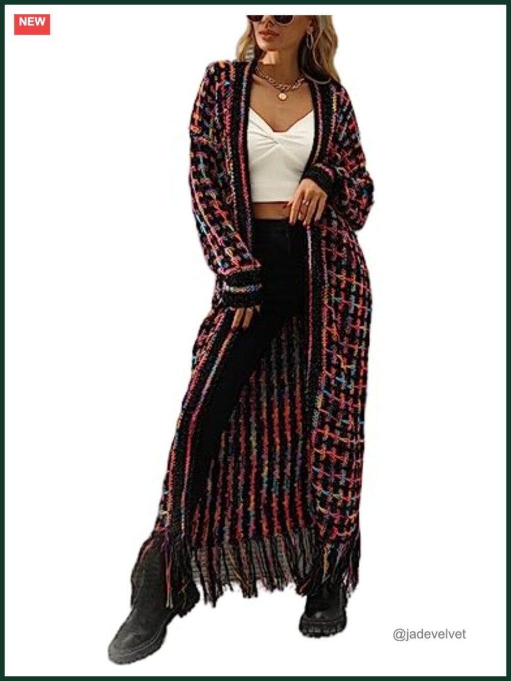 Boho Fringed Tassel Maxi Cardigan Sweater Open Front Aztec